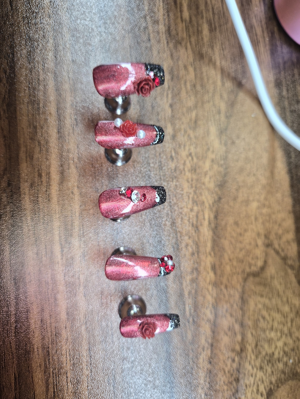 Red Glitter Press-On Nails with Black Tips & 3D Rose Accents